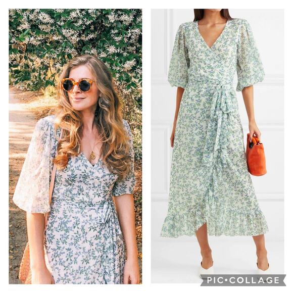 Ganni Tilden Wrap Dress Midi Mesh Ruffles Floral Print Knee Length sz 36 - Picture 1 of 16